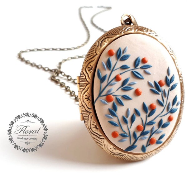 Blue and orange flower locket Berries locket necklace Secret message locket for mom from daughter