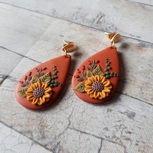 Nature Sunflower earrings, Sunflower Clay earrings, boho polymer clay earrings, flower dangle earrings, Sunflower Mother's day gift for image 4