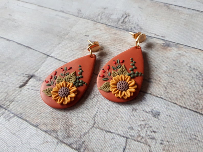 Nature Sunflower earrings, Sunflower Clay earrings, boho polymer clay earrings, flower dangle earrings, Sunflower Mother's day gift for image 4