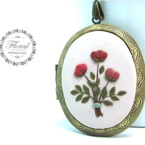 Personalized Locket Vintage Photo Necklace 3 pink flowers peony locket necklace Mothers day gift jewelry from daughter