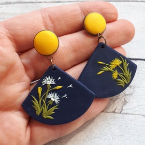 Dandelion earrings, Clay earrings, Dark blue and yellow earrings, dangle polymer clay earrings, spring earrings, Dandelion jewelry