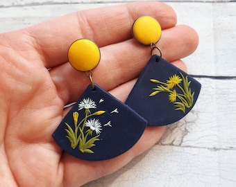 Dandelion earrings, Clay earrings, Dark blue and yellow earrings, dangle polymer clay earrings, spring earrings, Dandelion jewelry