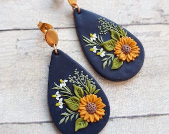 Pendientes de girasol vibrantes, pendientes de arcilla, regalo de cumpleaños de mamá, pendientes de arcilla polimérica, pendientes de flores de declaración, regalo del día de las madres