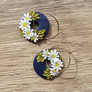 Daisy Earrings - handmade, Polymer clay, Hoop, daisy, white, navy blue colored leaf, sunshine, artisan, lightweight, April Birthday gift