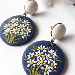 Large Daisy Dangle Polymer Clay Earrings, Mom Christmas gift from daughter, Wife gift image 1