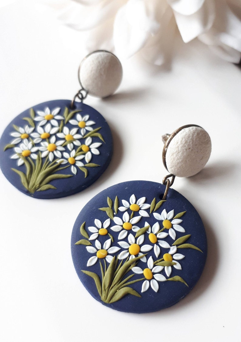 Large Daisy Dangle Polymer Clay Earrings, Mom Christmas gift from daughter, Wife gift image 1