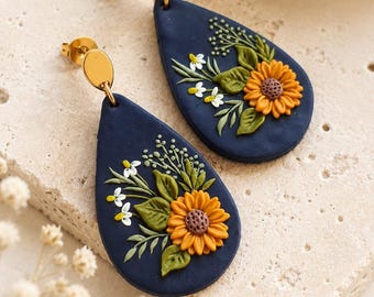 Vibrant Sunflower earrings, Clay earrings, Mom birthday gift, Polymer clay earrings, Garden lover Flower stud earrings, Mother's Day gift