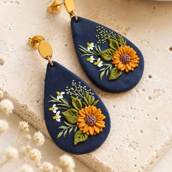 Vibrant Sunflower earrings, Clay earrings, Mom birthday gift, Polymer clay earrings, Garden lover Flower stud earrings, Mother's Day gift