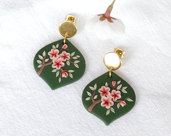 Moss green Sakura earrings, Polymer clay Cherry blossom earrings for Mom, Dangle clay earrings, Mothers Day gift