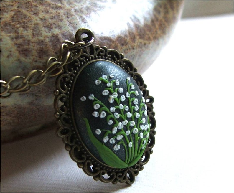 Lily of the valley Jewelry Flower Polymer Clay Jewelry Jewelry made with Flowers Spring Flower Pendant Green, White image 3