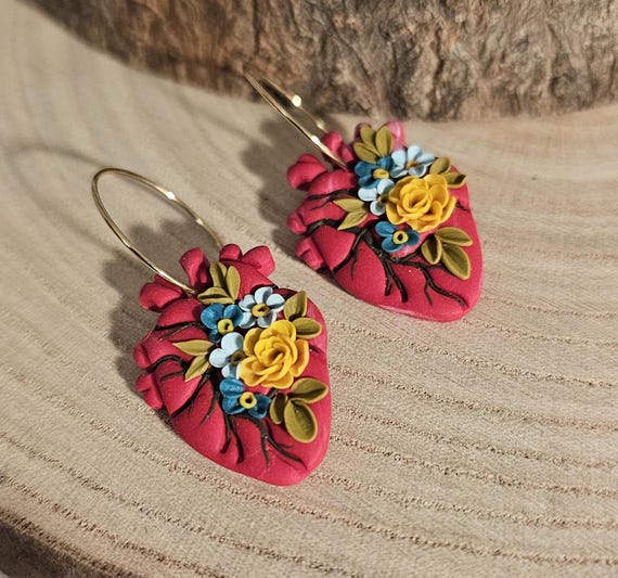 Anatomical Heart Earrings with florals, Flower polymer clay hoop earrings for Valentines day gift for her, anatomic heart art jewelry