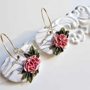 Valentines earrings with pink roses Heart polymer clay earrings with golden hoops, Valentine&#39;s day earrings for her