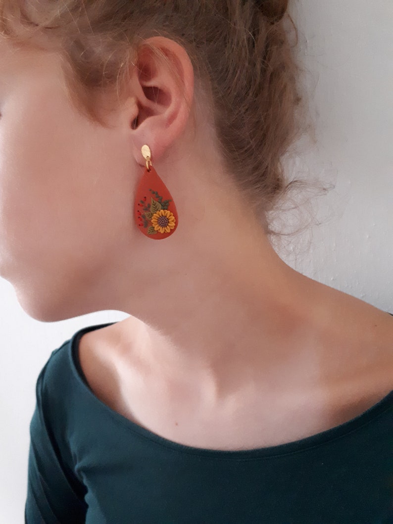 Nature Sunflower earrings, Sunflower Clay earrings, boho polymer clay earrings, flower dangle earrings, Sunflower Mother's day gift for image 3