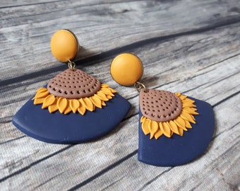 Sunflower earrings, Boho Polymer Clay earrings, blue and yellow dangle clay earrings, Statement earrings, Mothers day gift for mom from son
