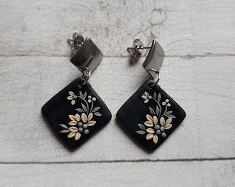 Black and white clay earrings, Polymer clay earrings for her, flower statement earrings birthday gift for mom, Mothers day gift