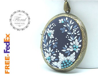 Blue flower secret message Locket with photo inside, text photo locket necklace personalized gift for mom from daughter