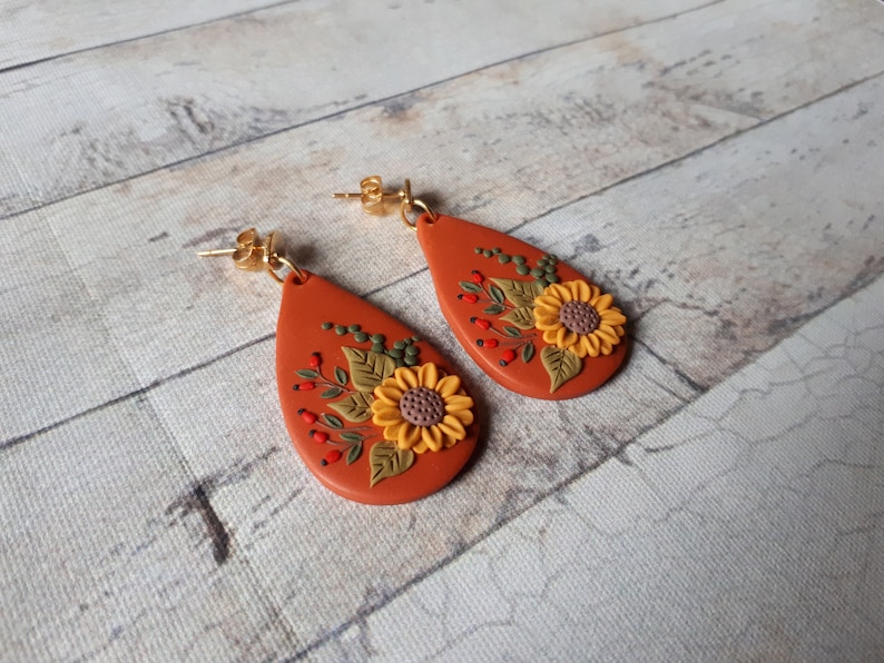 Nature Sunflower earrings, Sunflower Clay earrings, boho polymer clay earrings, flower dangle earrings, Sunflower Mother's day gift for image 2