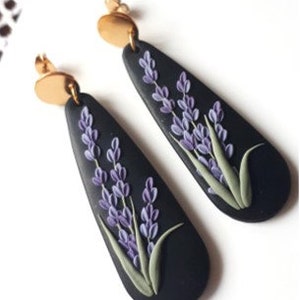 Polymer clay Lavender Earrings, Long dangle clay earrings for lavender lover, Lavender Birthday gift, Elegant Floral jewelry for Mother