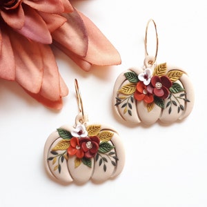 Floral Pumpkin Earrings, Pumpkin polymer clay jewelry, Clay Fall earrings, Boho autumn jewelry