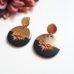 Elegant floral black with Gold embellishment polymer clay earrings, Elegant clay earrings, Flower polymer clay jewelry