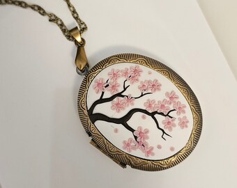 Cherry Blossom Necklace, Locket Necklace, Gift for mom from daughter, Sakura Necklace