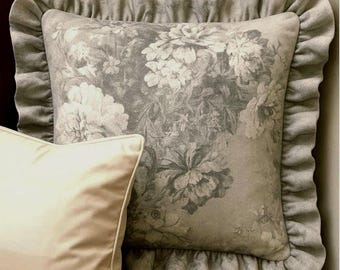 Gray Waverly Floral Ruffled Pillow Cover: French Country Cottage Farmhouse