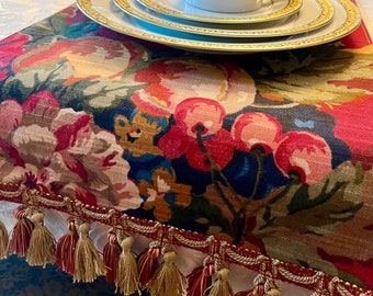 Red Floral Table Runner: P Kaufmann Crimson Fabric with Tassel Trim