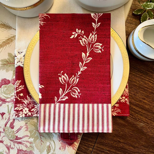 Red Toile Fingertip Towel, French Country Hand Towel, Waverly Floral Toile Fabric, Kitchen Linens, Hostess Gift, Cottage Style, Farmhouse