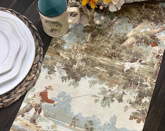 Hunting Fly Fishing Toile Table Runner:Covington  Avondale Vintage French Country Decor
