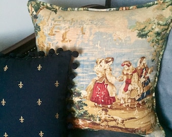 Bosporus Toile Corded Pillow Cover: French Country Linen Throw Pillow