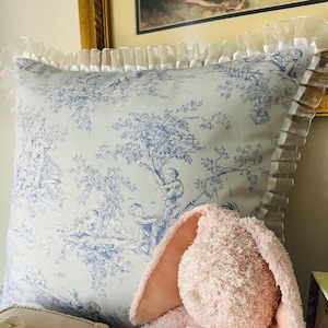 Blue Toile de Jouy Pillow Cover: Ruffled French Country Decor