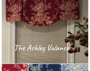 Custom Valance, Scalloped Shaped Ashley Valance, Country House Toile Waverly Fabric, Tailored Window Treatment, French Country Curtain