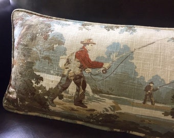 Fishing Scene Pillow Cover, French Corded Throw Pillow, Toile Fishing Scene, Corded Pillow Cover, Corded Toss Pillow, Cottage Style Pillow,