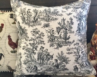 Black Toile Corded Pillow Cover: French Country Linen, Farmhouse Cottage Style