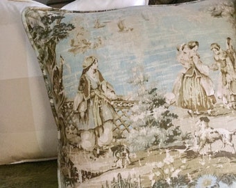 Bosporus Toile Pillow Cover, French Country Cover, Decorative Corded Toss Pillow, Toile Fabric, Blue Linen, Cottage Style Pillow, Farmhouse,