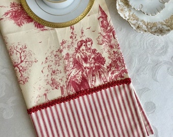 Red Toile Tea Towel, French Country Hand Towel, Stof Festin Toile Fabric, Kitchen Linens, Hostess Gift, Cottage Style, European Farmhouse