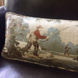 Fishing Pillow Cover, Fly Fishing Corded Throw Pillow, Toile Fishing Fabric, Grandpa Gift, Lakehouse, Cottage, Cabin, Nursery, Boys Room