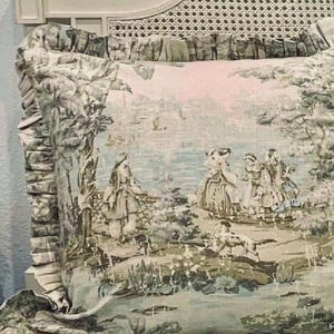 Blue Bosporus Toile Ruffled Pillow Cover: French Country Cottage Style