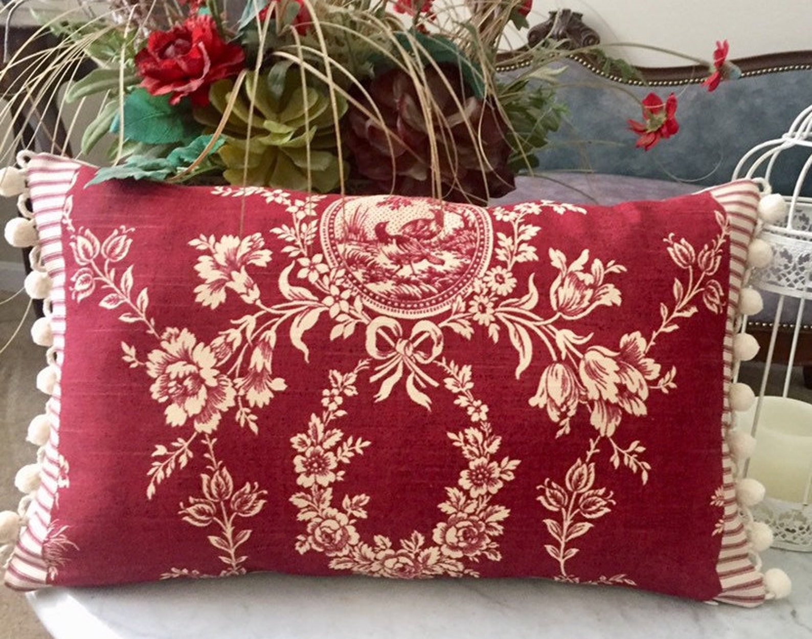 Red Floral Toile Pillow Cover Waverly Red Fabric French Etsy