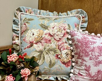 Fleuretta Mist Blue Ruffled Pillow Cover, Waverly Blue Floral Fabric, Decorative Floral Throw Pillow, French Country, Cottage, Farmhouse