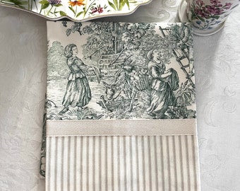 Green Toile Tea Towel, French Country Kitchen Linen, Hostess Gift