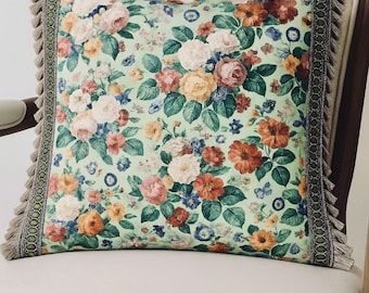 Green Floral Toile Pillow Cover: French Country Cottage Tassel Trim