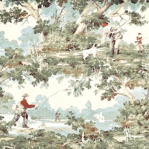 A fabric with a repeating pattern design featuring a light blue and white background with green trees, a river, and people fishing and hunting. The design includes a dog, a bird, and a small building.