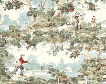 Avondale Vintage Hunting Fishing Toile Fabric: French Country Cabin Decor
