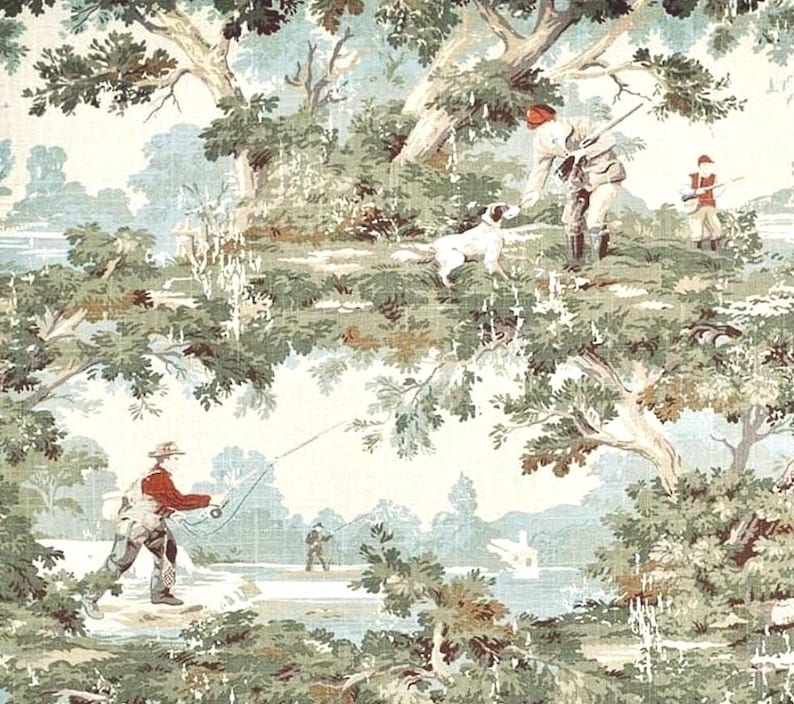 A fabric with a repeating pattern design featuring a light blue and white background with green trees, a river, and people fishing and hunting. The design includes a dog, a bird, and a small building.