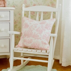 Pink toile corded pillow cover, French Country Cottage Nursery Decor.
