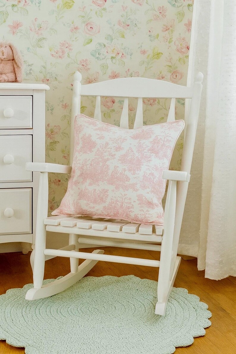 Pink toile corded pillow cover, French Country Cottage Nursery Decor.