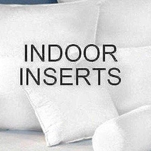 May include: A close-up of a variety of white pillow inserts. The pillows are arranged on a white surface. The text "INDOOR INSERTS" is printed in black on the front of the pillows.