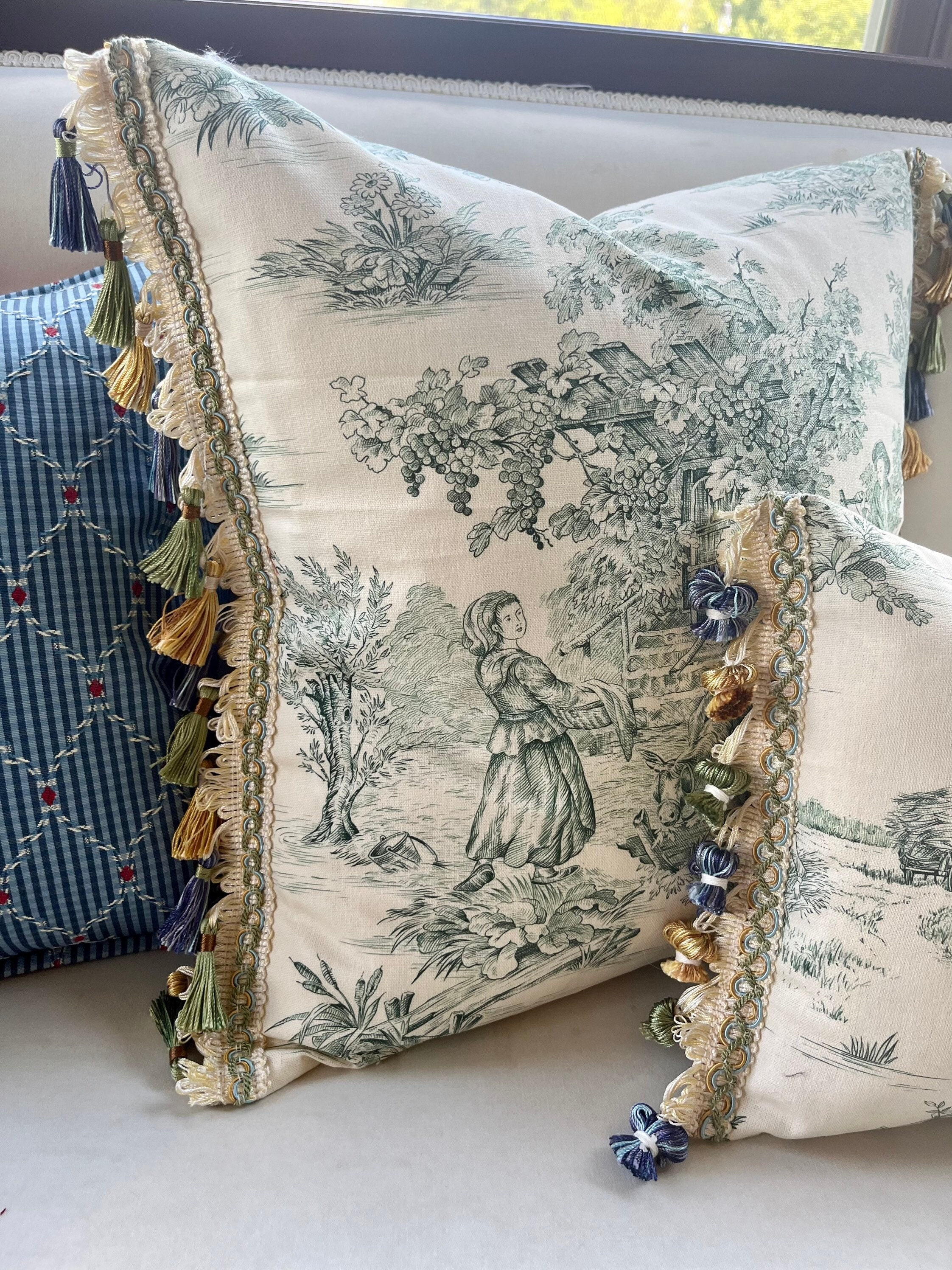 Green Toile Pillow Cover with Tassel Trim: French Country Decor