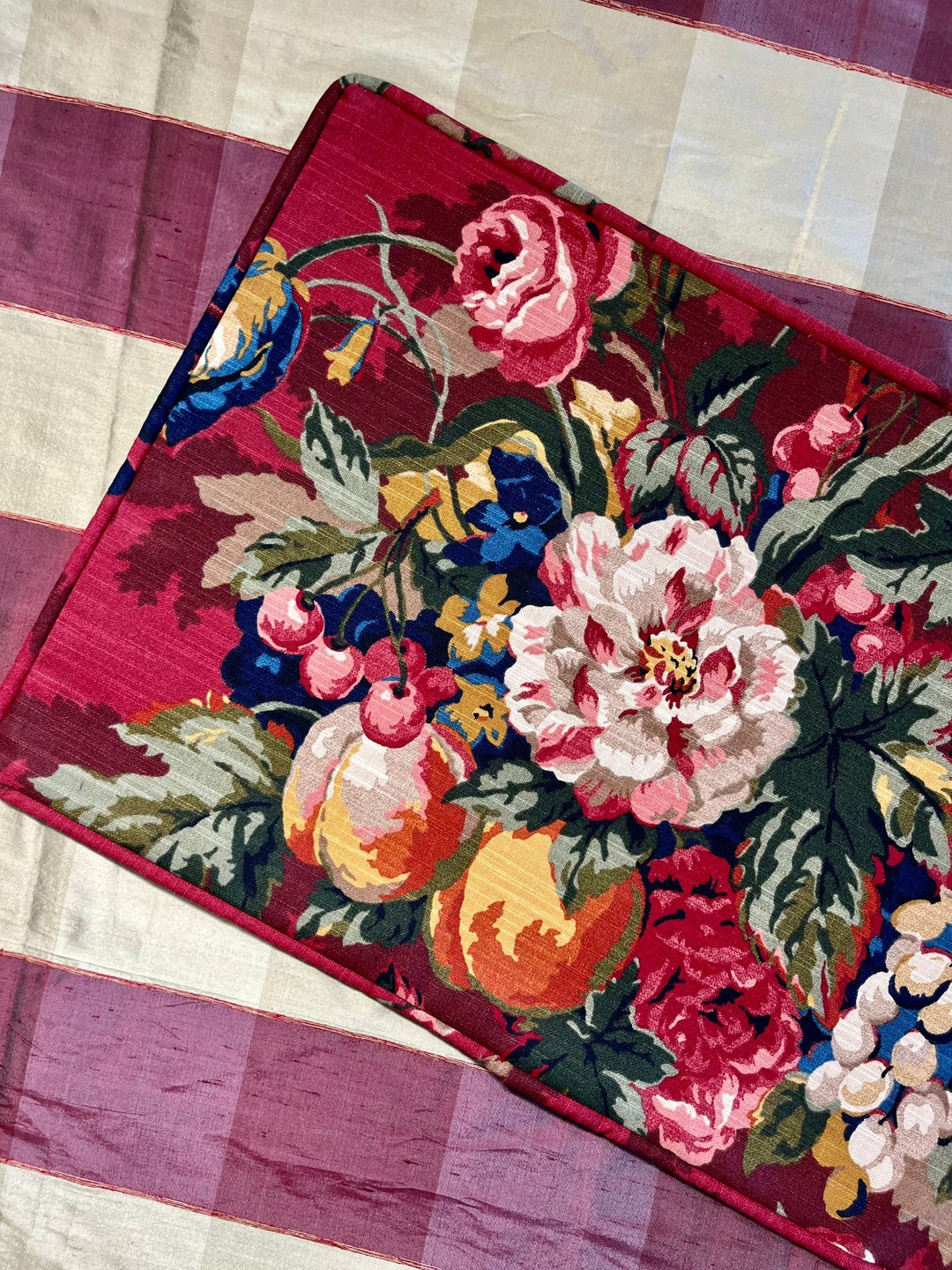 P. Kauffman Queensland Crimson Pillow Cover Red Floral French Etsy